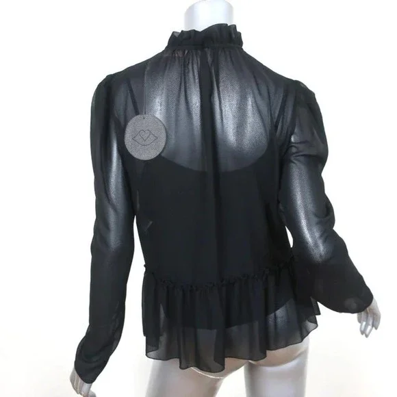 See by Chloe Ruffled High Neck Blouse Black Chiffon Size 38 Long Sleeve Top NEW - Picture 4 of 7